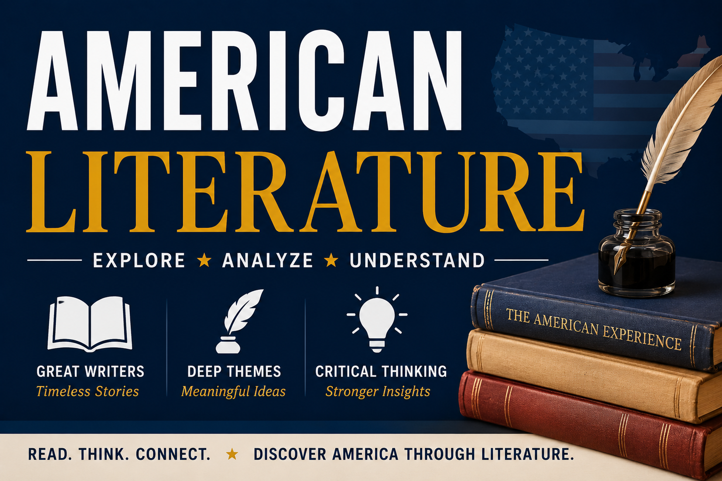 Promotional graphic for American Literature course with books, quill, and inkwell on a dark blue background.
