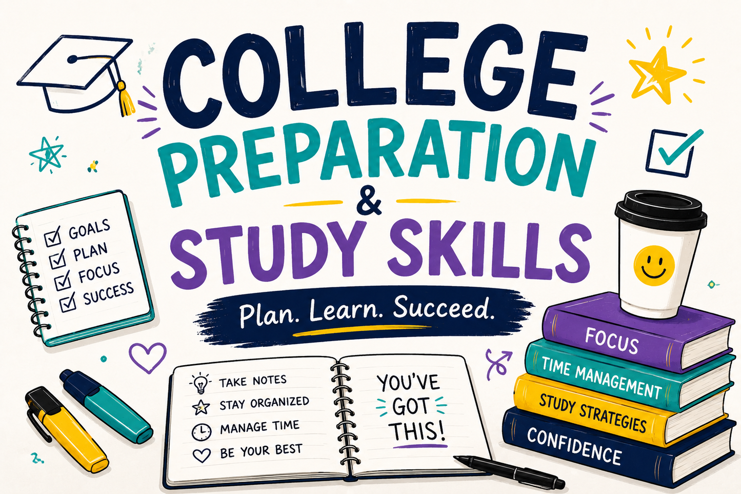 Illustration of college preparation and study skills with books, notebook, and coffee cup.