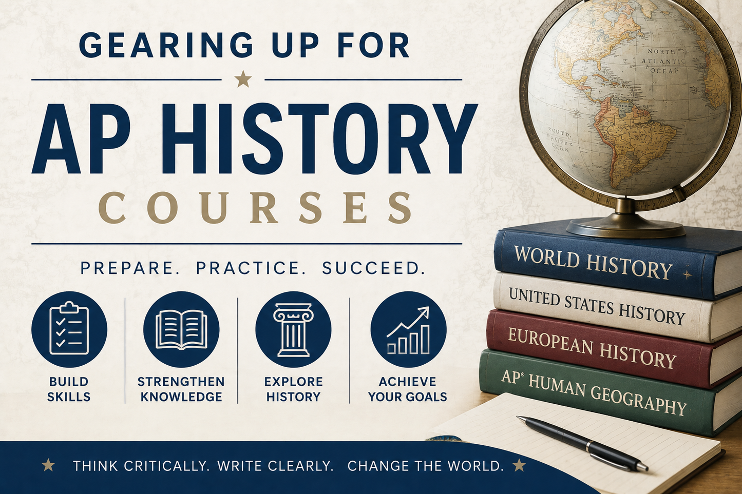 Promotional graphic for AP History courses with books, a globe, and a pen on a white background.