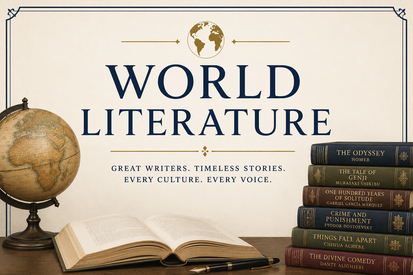 Promotional graphic for 'World Literature' with books, an open book, and a globe.