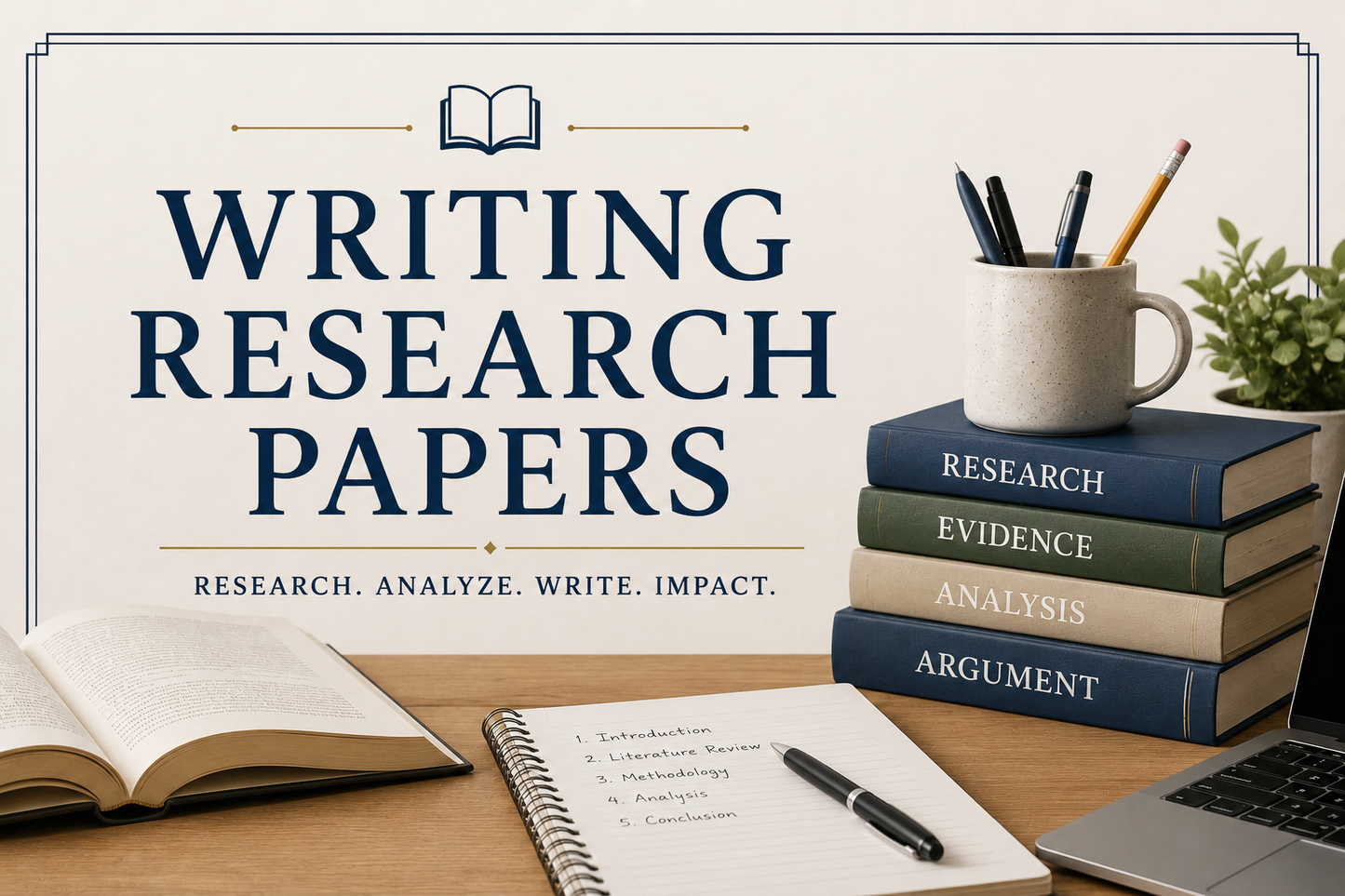 Books titled 'Research', 'Evidence', 'Analysis', and 'Argument' on a desk with a laptop, open notebook, and mug with pens.