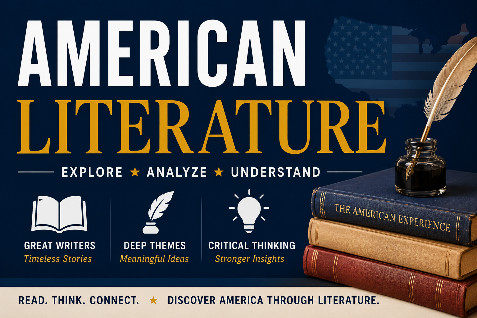 Promotional graphic for American Literature course with books, quill, and inkwell on a dark blue background.
