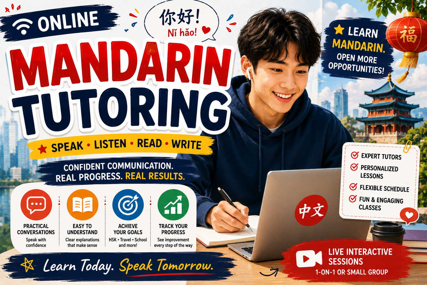 Advertisement for Mandarin tutoring services with a student using a laptop, Chinese characters, and promotional text.