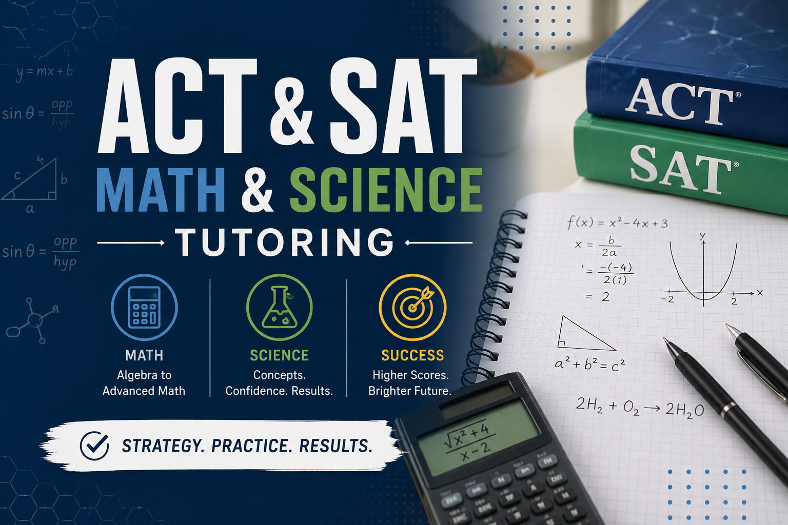 Advertisement for ACT and SAT math and science tutoring with books, calculator, and pen on a white surface.
