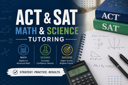 Advertisement for ACT and SAT math and science tutoring with books, calculator, and pen on a white surface.