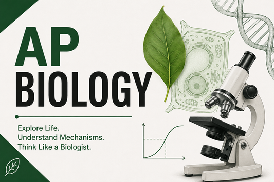 AP Biology promotional graphic with microscope, leaf, and DNA strands on a white background.