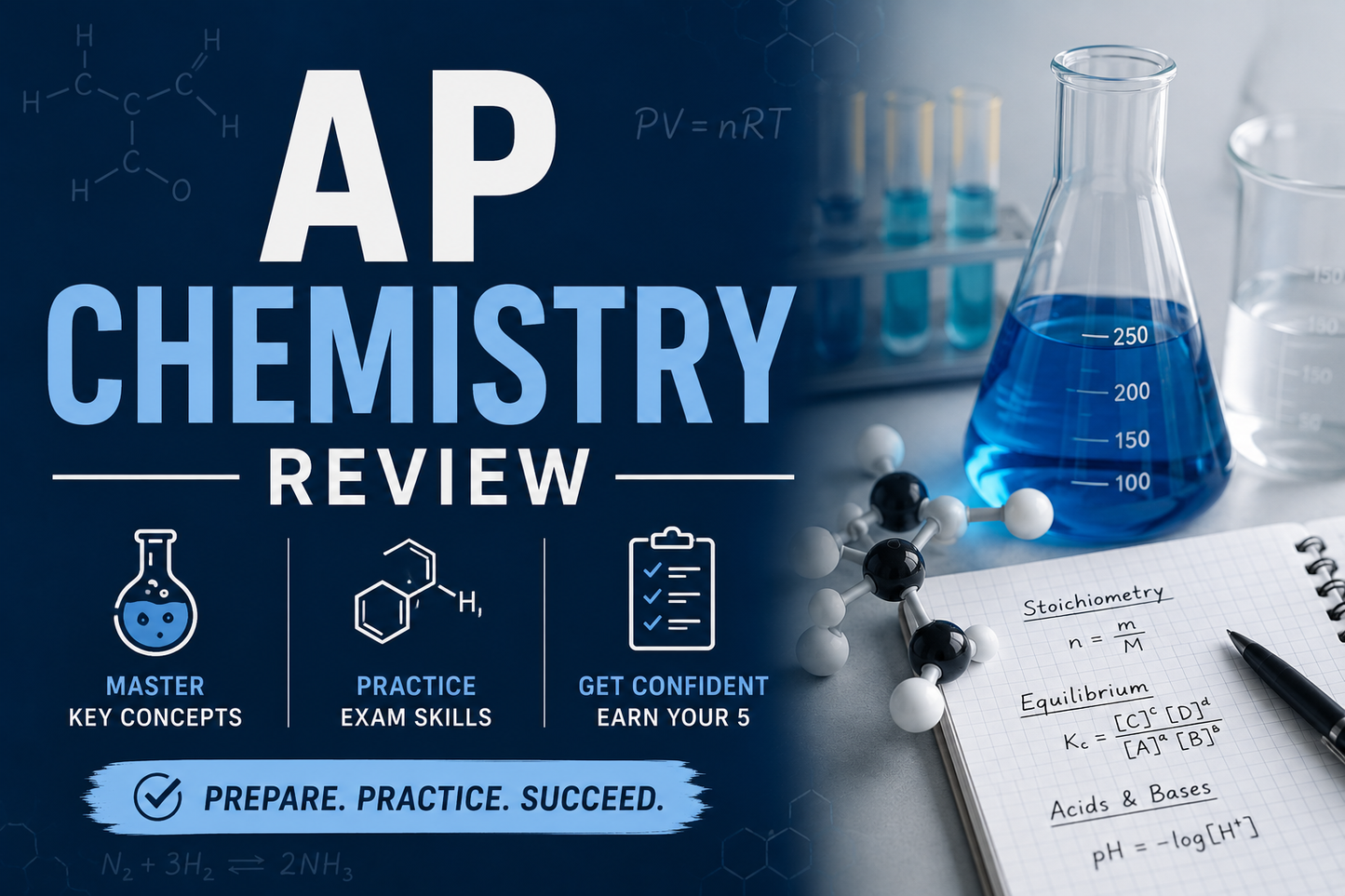 AP Chemistry review poster with laboratory equipment and notes on a desk.