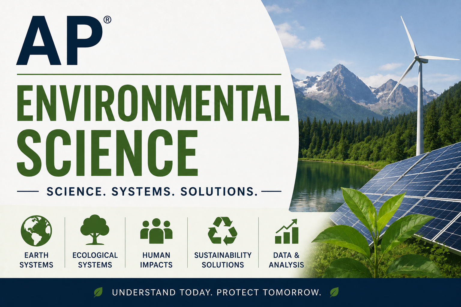 AP Environmental Science course banner with wind turbine and solar panel, featuring the AP logo and text about science, systems, and solutions.