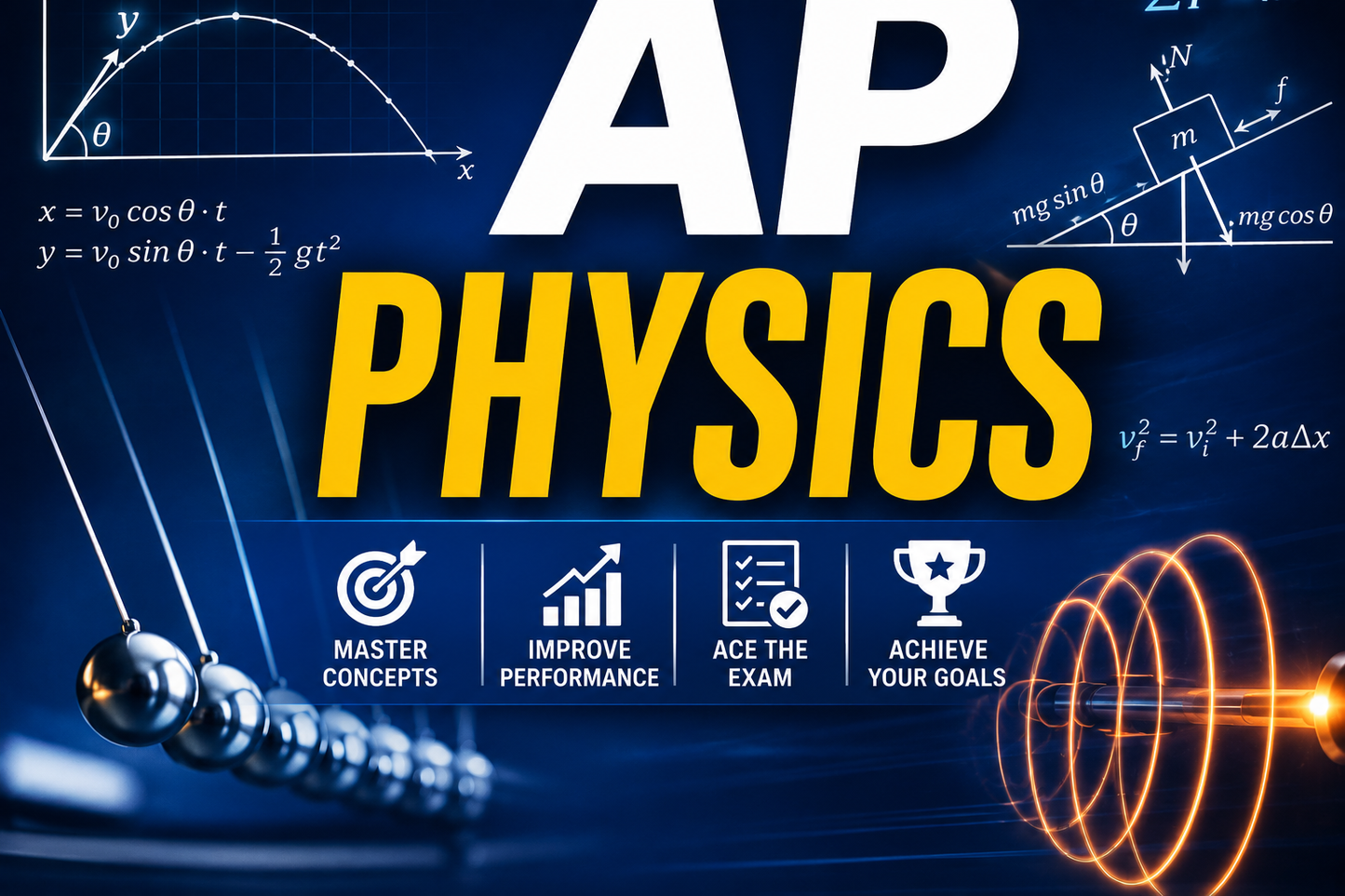 AP Physics promotional graphic with educational icons and physics equations on a dark blue background.