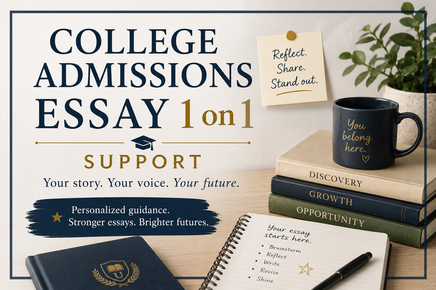Promotional image for college admissions essay support with books, a mug, and a notebook on a desk.