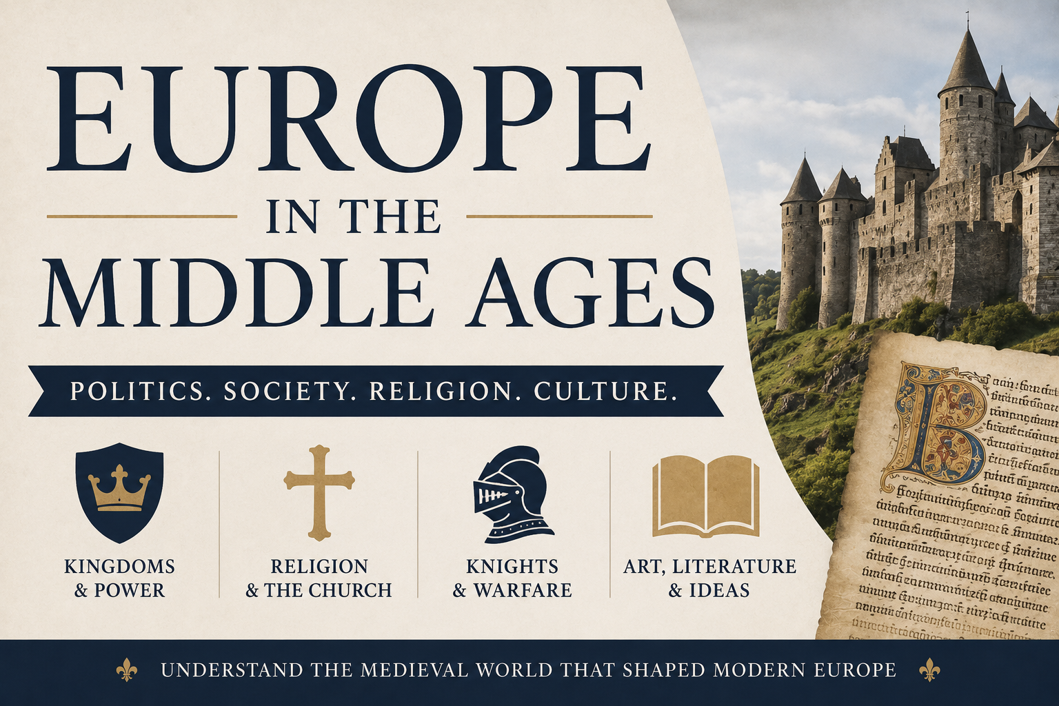 Book cover of 'Europe in the Middle Ages' with castle and medieval symbols.