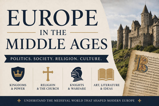 Book cover of 'Europe in the Middle Ages' with castle and medieval symbols.