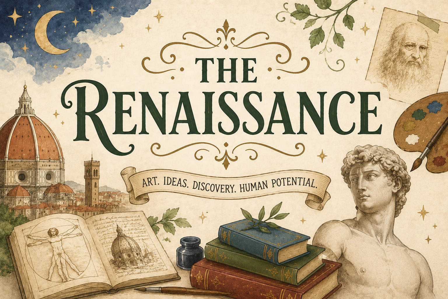 Illustration of the Renaissance with classical elements and text.