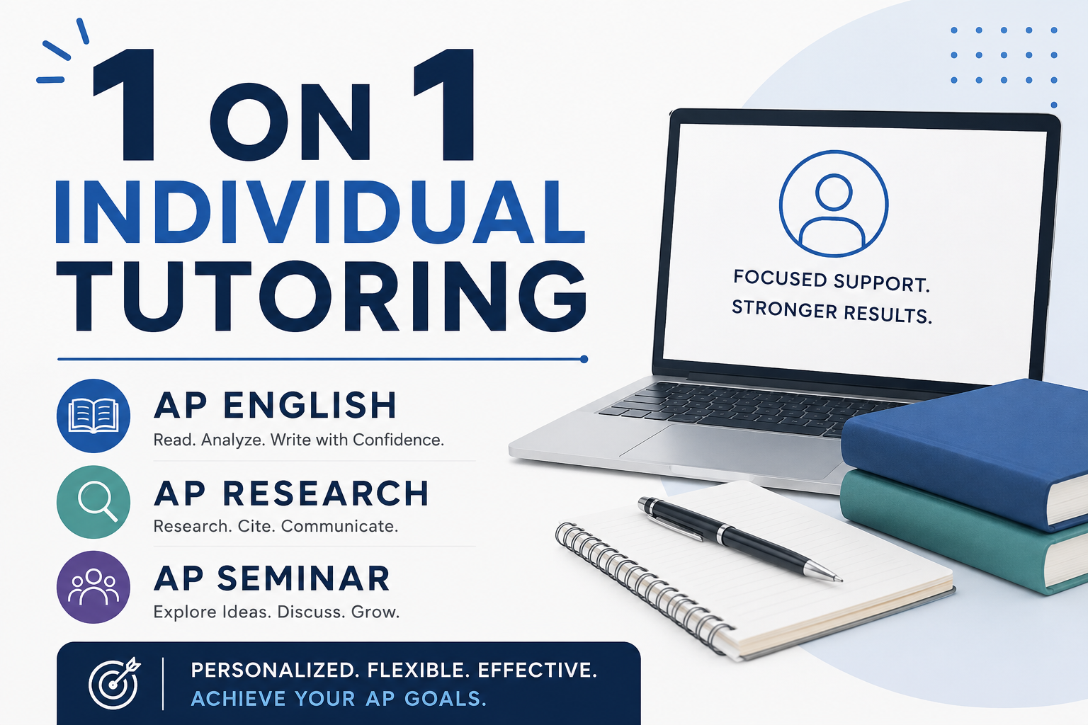 Promotional image for 1-on-1 individual tutoring services with a laptop, books, and pen on a white background.