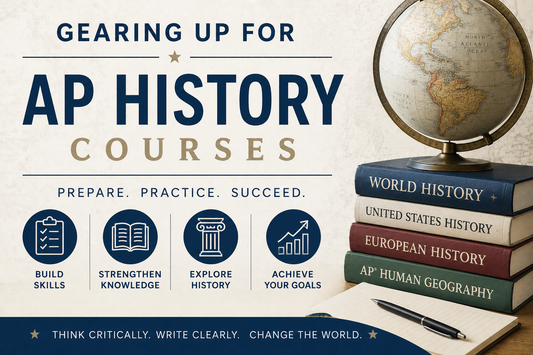 Promotional graphic for AP History courses with books, a globe, and a pen on a white background.