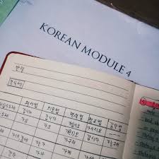 Notebook titled 'Korean Module 4' with handwritten notes on a wooden surface.