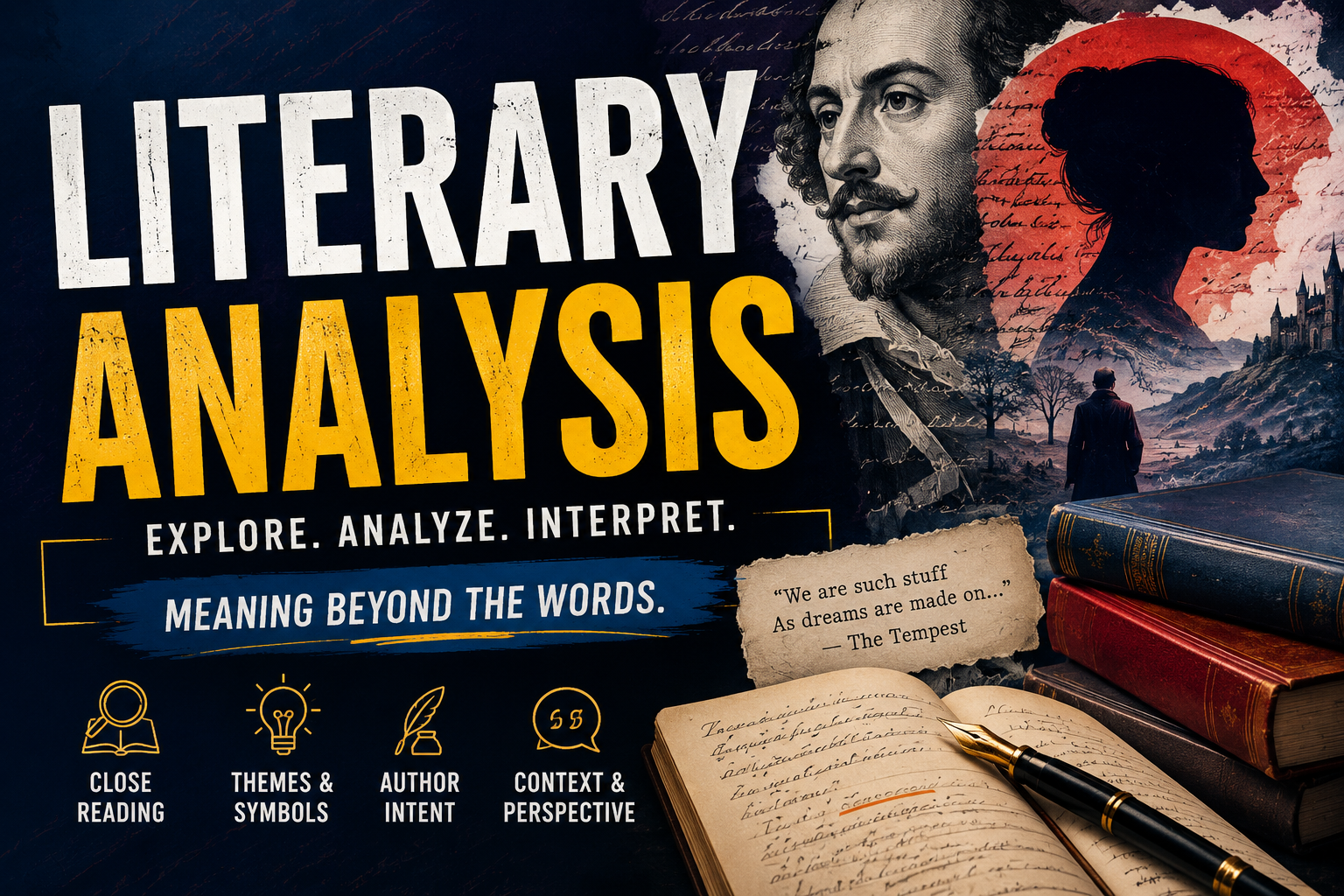 Promotional graphic for literary analysis with books, a pen, and a silhouette of a person.