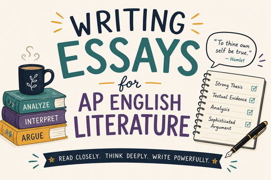 Illustration with books, a coffee cup, and text about writing essays for AP English Literature.